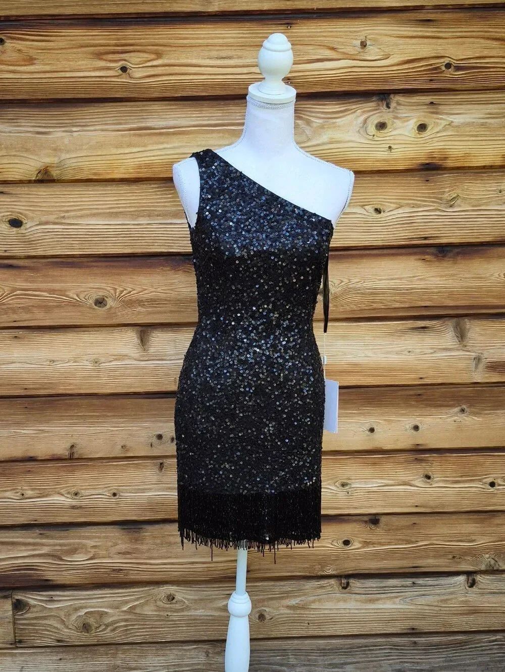 NWT Mac Duggal Black Sequin One Shoulder Dress Size 2